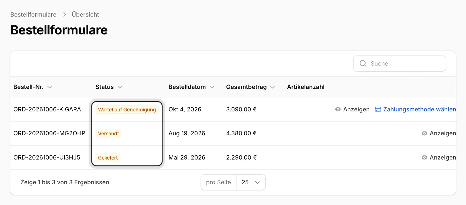 Was bedeuten die Bestellstatus?