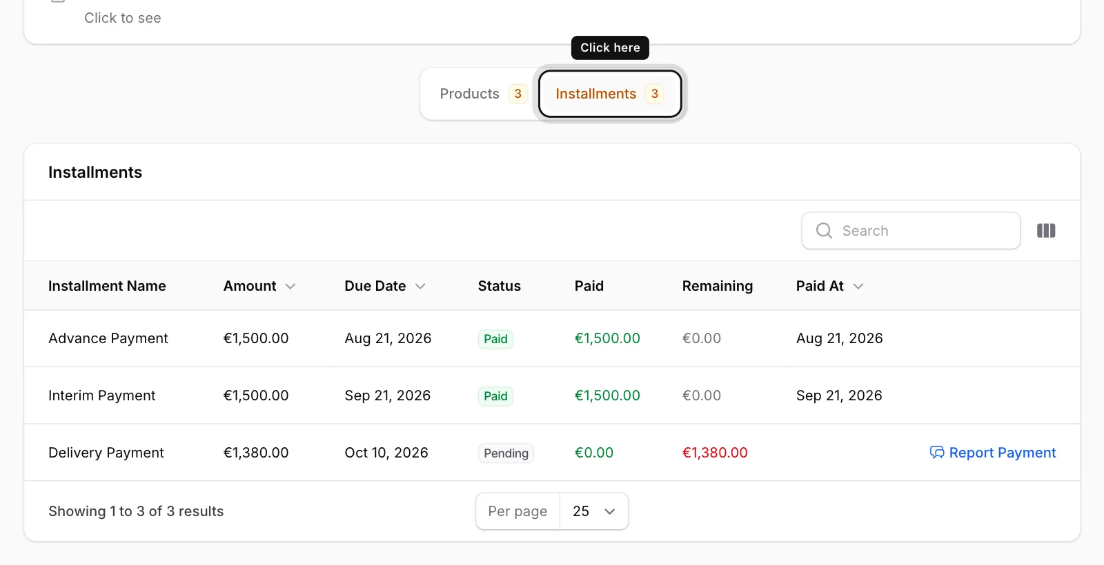 Open the Installments tab