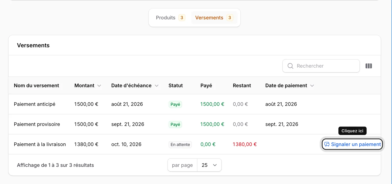 Cliquez sur Signaler un paiement