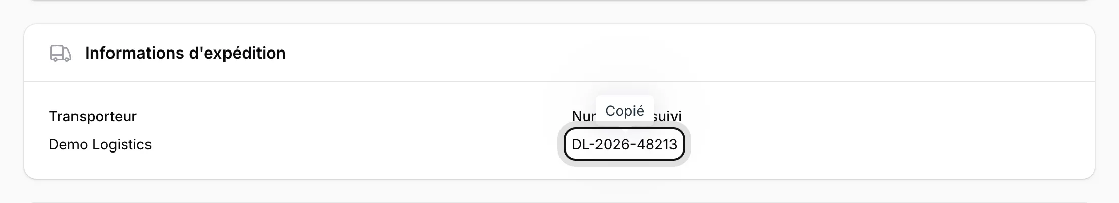 Copiez le numéro de suivi