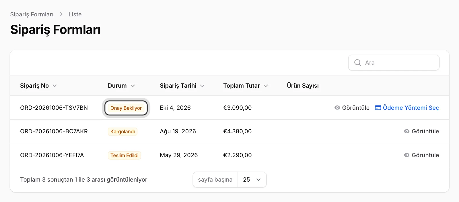 Siparişi açın