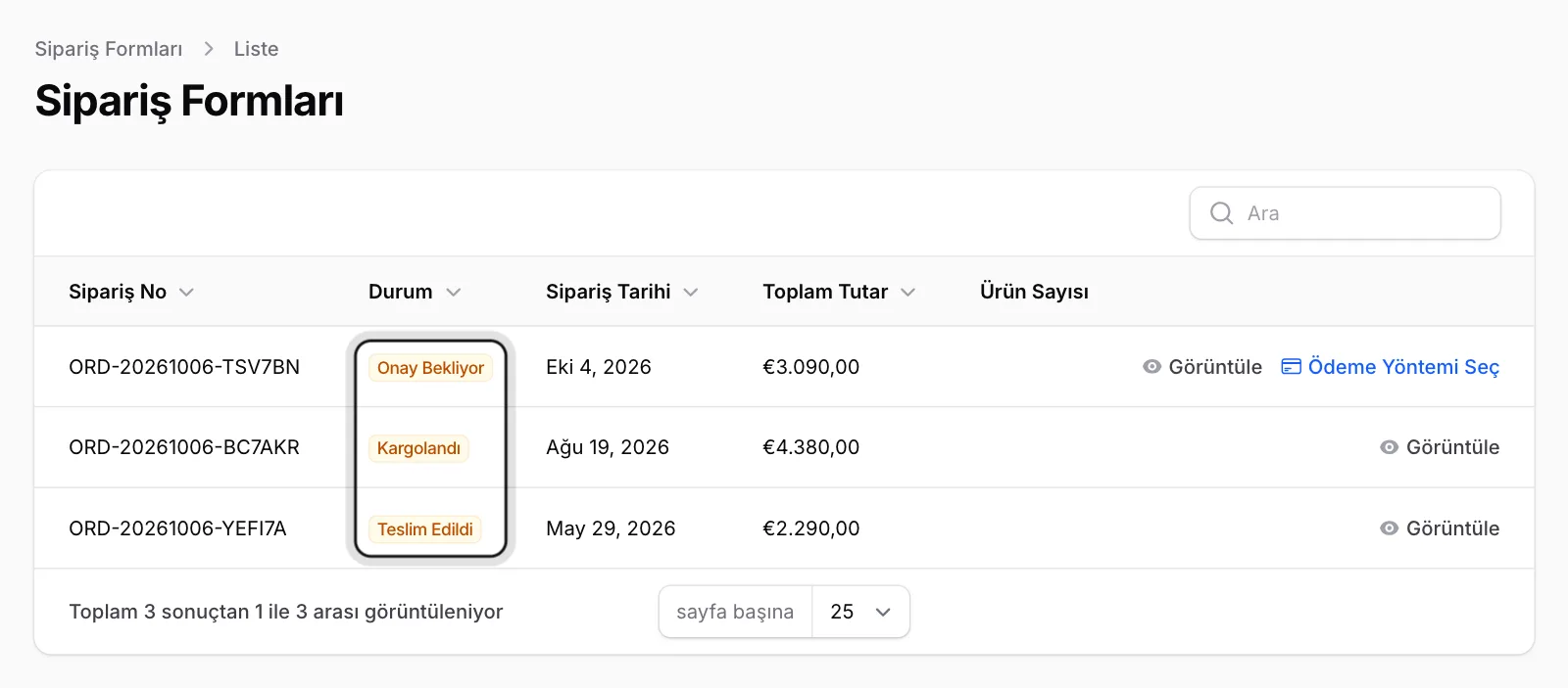 Sipariş durumları ne anlama gelir?