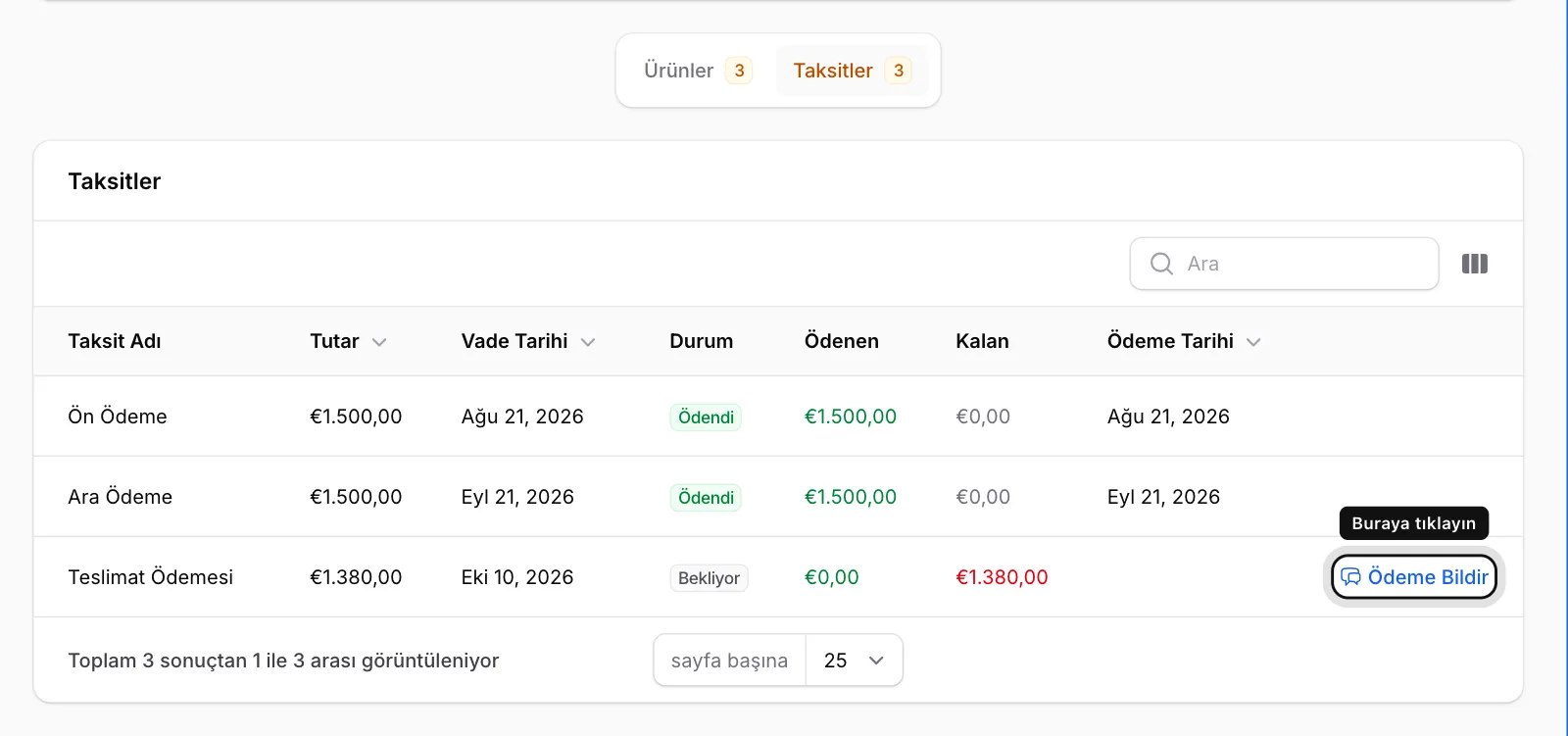 Ödeme Bildir'e tıklayın