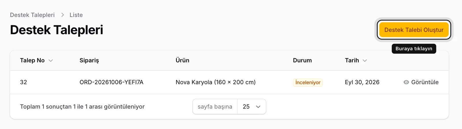 Destek Talebi Oluştur'a tıklayın